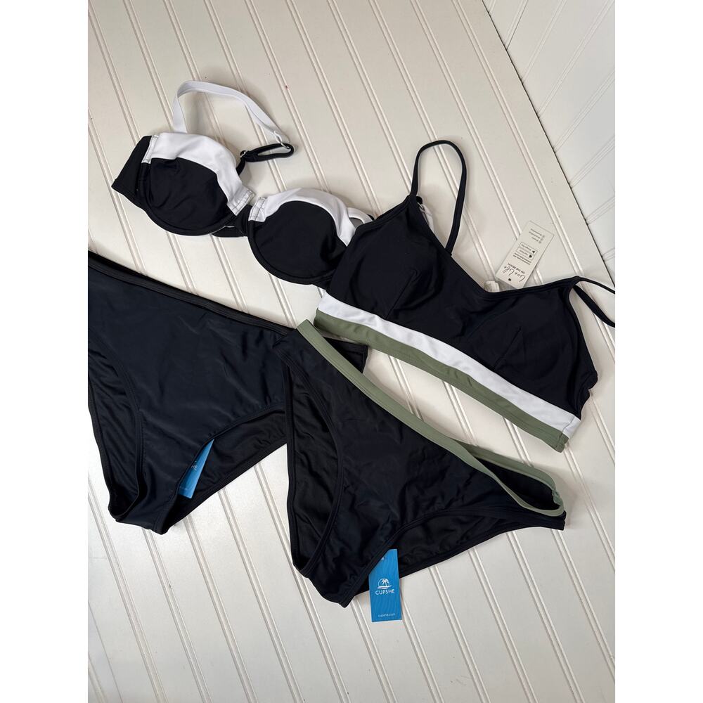 NWT Cupshe Two Peace Swimsuit Bikini Black Cheeky Bathingsuit Beach BUNDLE Sze M
